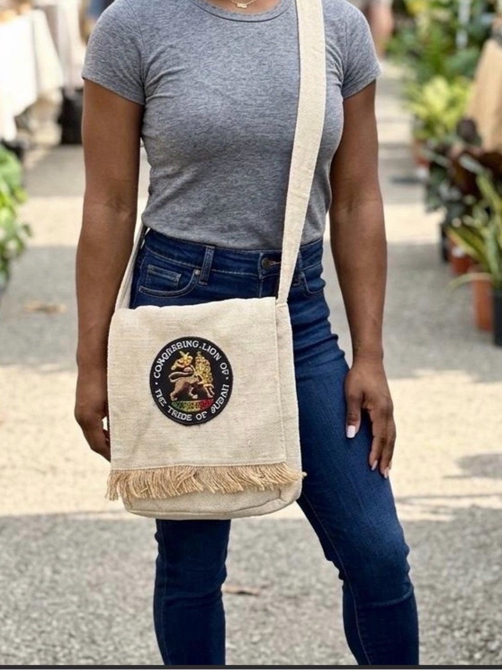 Natural Cream Fringe Crossbody Bag with Embroidered Lion Patch